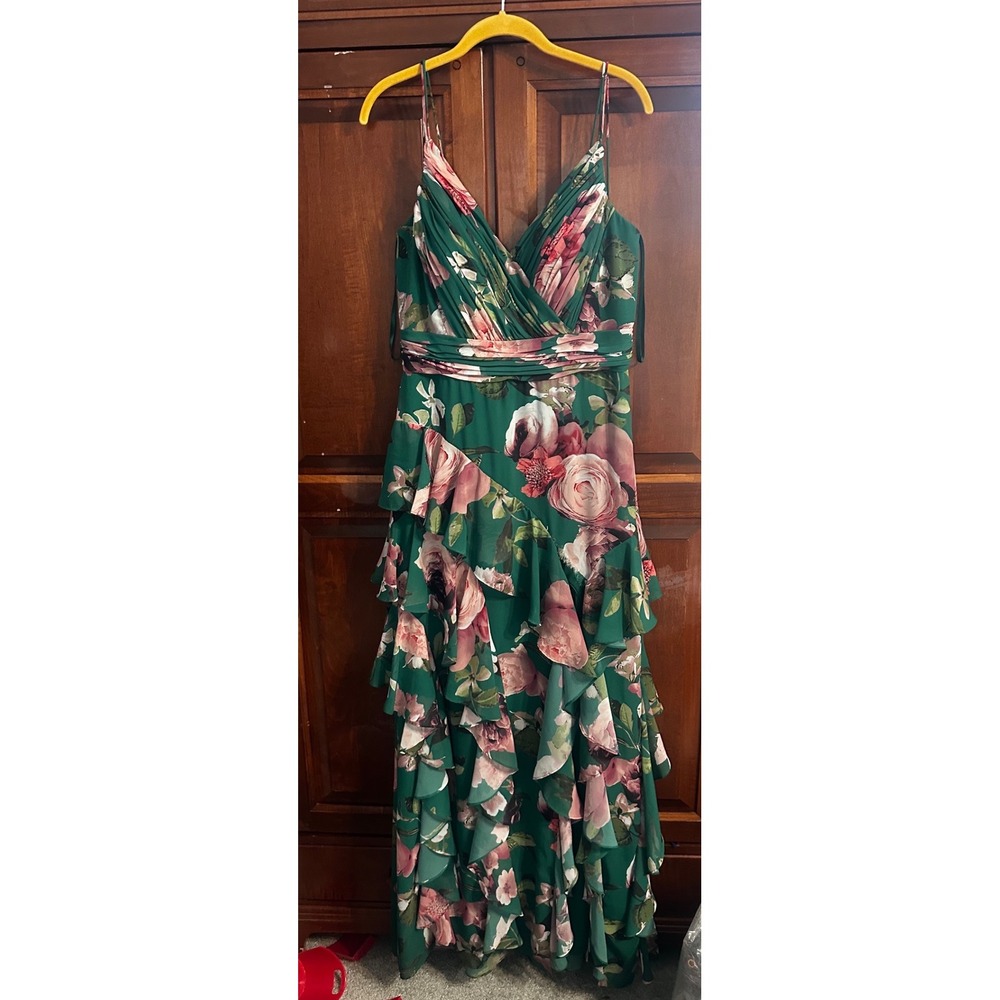 XSCAPE Floral Tiered Ruffle Maxi Gown Green Pink Pleated V-Neck Evening Dress 12